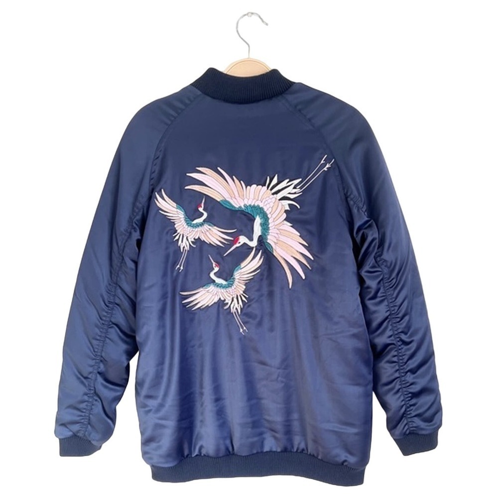 Zoe Karssen Navy Long Satin Bomber Jacket Big in Japan Size XS NWT $325 - Picture 6 of 14